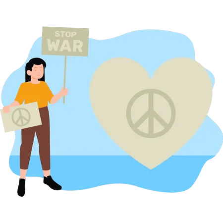 Menina segurando a paz e parando a placa de guerra  Ilustração