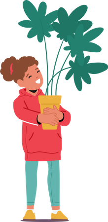 Menina segurando uma planta de casa nas mãos  Ilustração