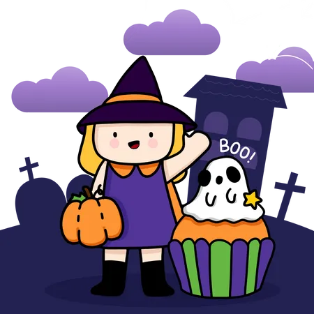 Menina segurando abóbora e comemorando o Halloween  Ilustração