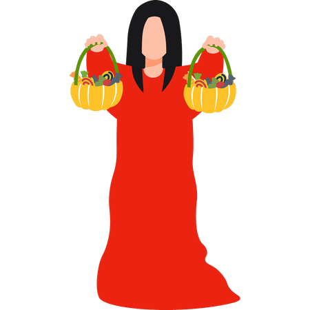 Menina segurando baldes de doces de Halloween  Ilustração