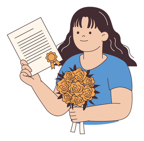 Menina segurando certificado e buquê de rosas  Ilustração