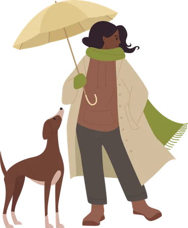 Menina segurando guarda-chuva com cachorro  Ilustração