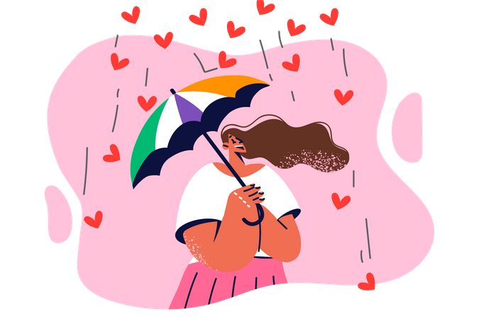 Menina segurando guarda-chuva e aproveitando a chuva de amor  Ilustração