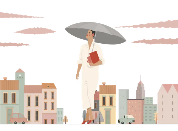 Menina segurando guarda-chuva em dia chuvoso  Ilustração