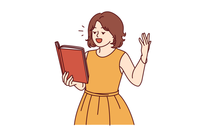 Menina segurando o livro e falando  Ilustração