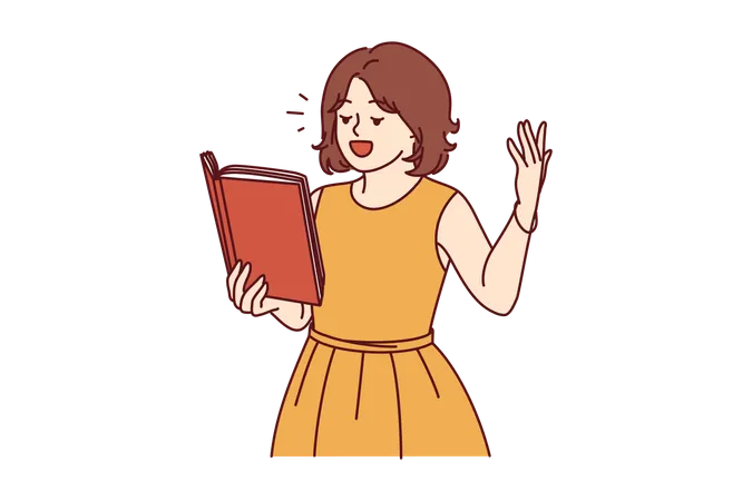 Menina segurando o livro e falando  Ilustração