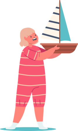 Menina segurando um navio de brinquedo, brincando e sorrindo  Ilustração