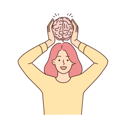 Menina segurando o cérebro na cabeça  Ilustração