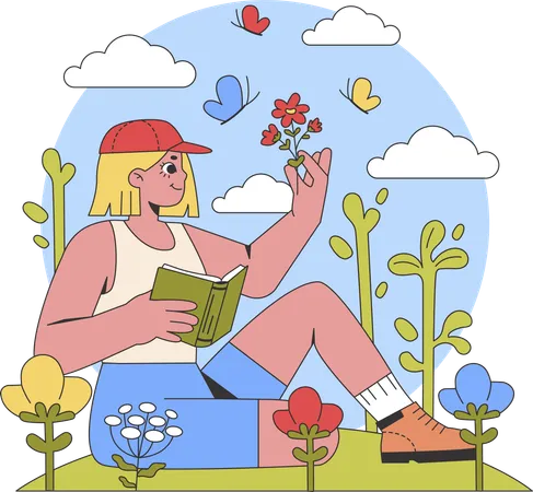 Menina segurando um livro enquanto olha para uma flor  Ilustração