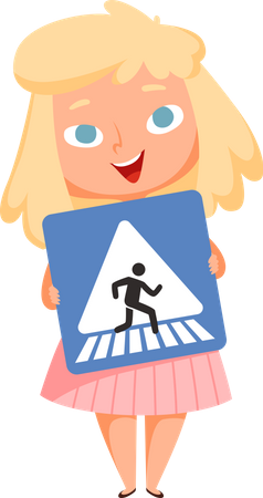 Menina segurando a placa de passagem de estrada  Ilustração