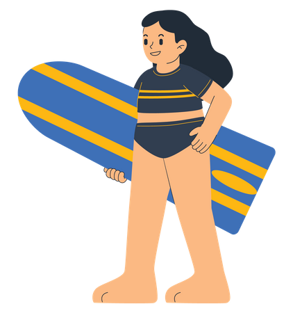 Menina segurando uma prancha de surf  Ilustração