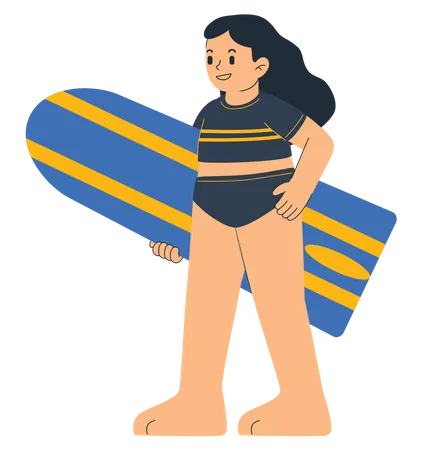 Menina segurando uma prancha de surf  Ilustração