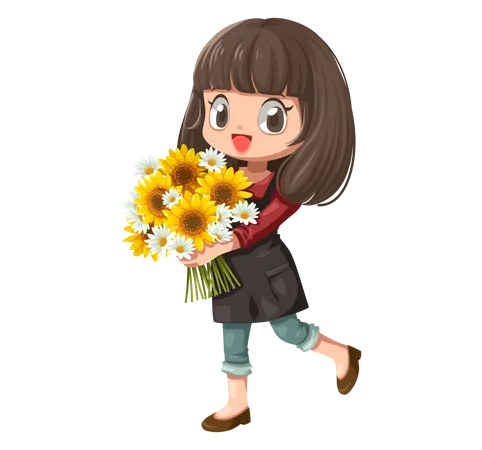Menina segurando um buquê de flores  Ilustração