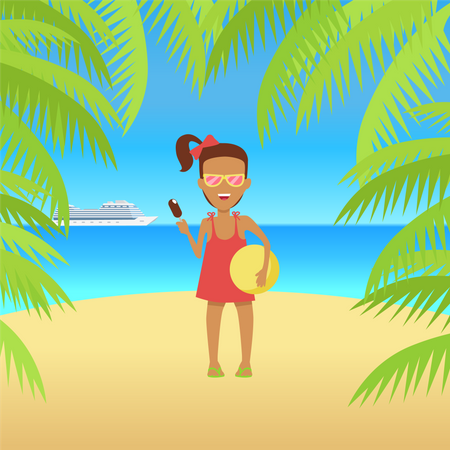 Menina segurando uma bola na praia  Ilustração