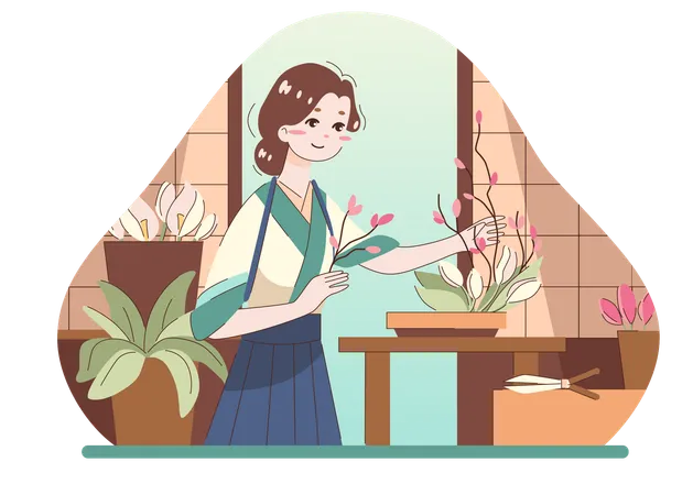 Menina segurando um bastão de flores  Ilustração