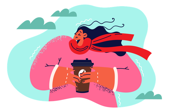 Menina segurando uma xícara de café  Ilustração