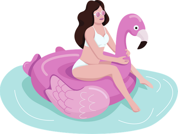 A menina senta-se no flamingo inflável  Ilustração