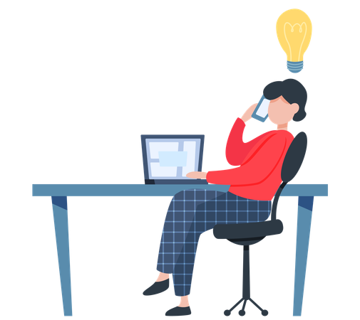 Menina sentada na mesa e trabalhando no computador  Ilustração