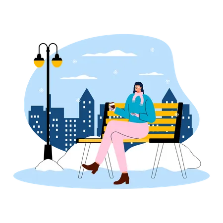 Menina sentada no banco e aproveitando o inverno enquanto toma café quente  Ilustração