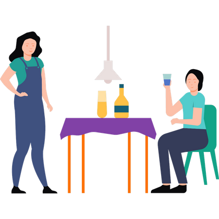 Menina sentada no restaurante e pedindo vinho  Ilustração
