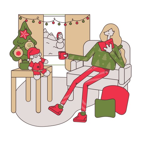 Menina sentada no sofá no Natal  Ilustração