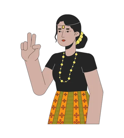 Garota do sinal de paz com joias de cabeça indiana  Ilustração