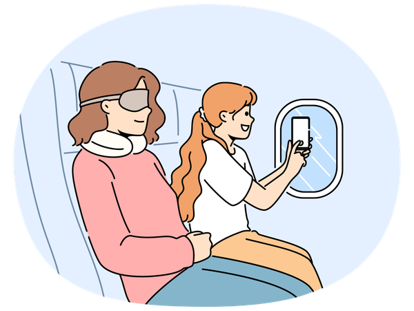 Menina sorridente faz foto de nuvens da janela do avião  Ilustração