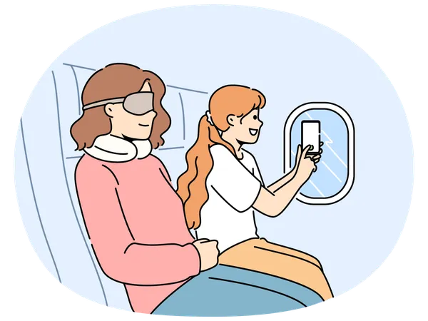 Menina sorridente faz foto de nuvens da janela do avião  Ilustração