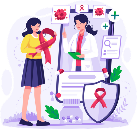 Menina tendo uma consulta on-line com um médico sobre tratamento de câncer  Ilustração