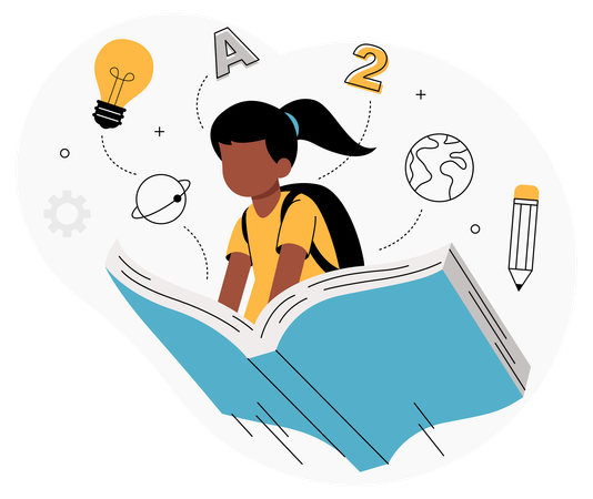 Menina tendo uma jornada de aprendizagem imaginativa por meio de livros  Ilustração