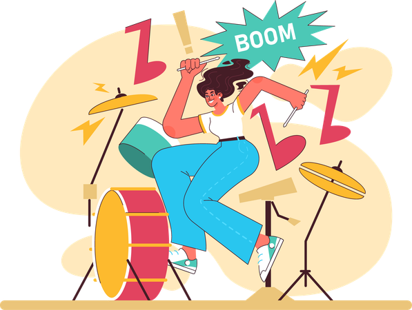 Menina tocando bateria com energia total  Ilustração