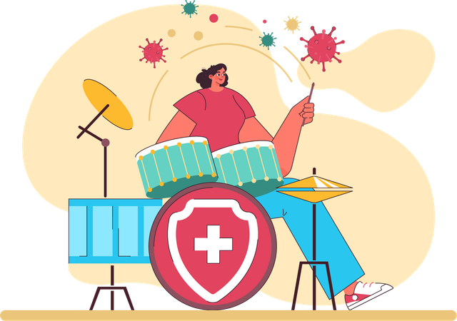 Menina tocando bateria durante a época da corona  Ilustração