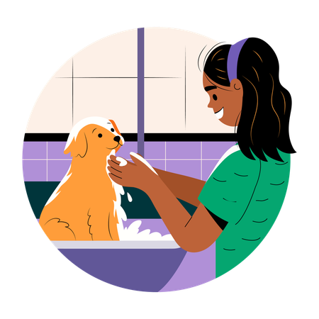 Menina dando banho em cachorro  Ilustração