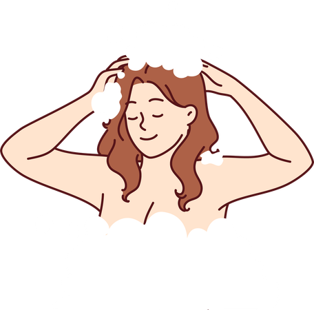 Menina tomando banho e lavando o cabelo  Ilustração
