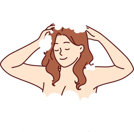 Menina tomando banho e lavando o cabelo  Ilustração