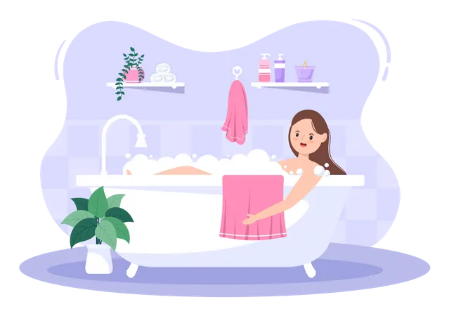 Menina tomando banho na banheira  Ilustração