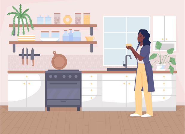 Menina tomando chá na cozinha  Ilustração