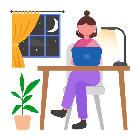 Menina trabalhando até tarde em casa  Ilustração