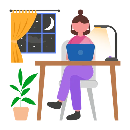 Menina trabalhando até tarde em casa  Ilustração