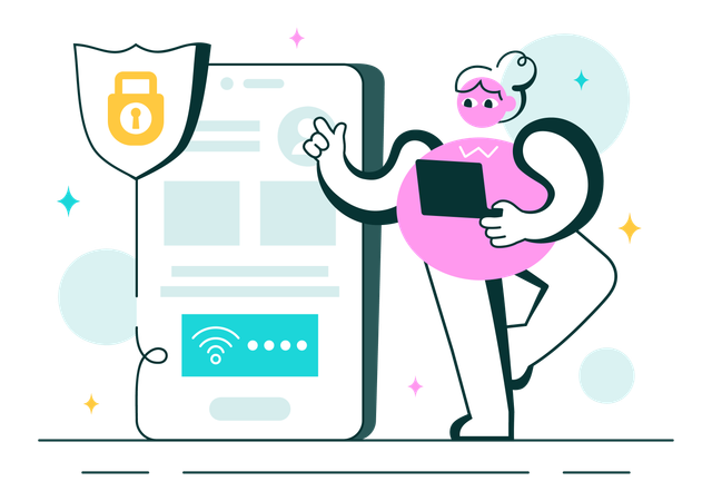 Menina trabalhando em tecnologia de segurança sem fio WiFi  Ilustração