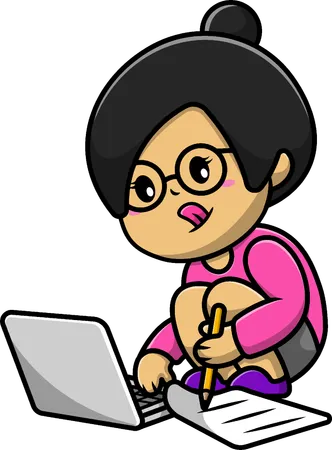 Garota trabalhando no laptop  Ilustração