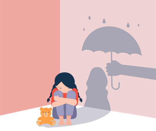 Menina triste com ursinho de pelúcia sentado no chão  Ilustração