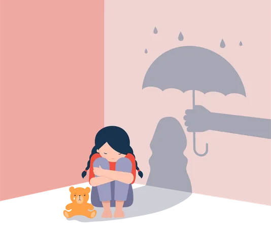 Menina triste com ursinho de pelúcia sentado no chão  Ilustração