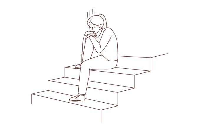 Menina triste e sentada na escada  Ilustração