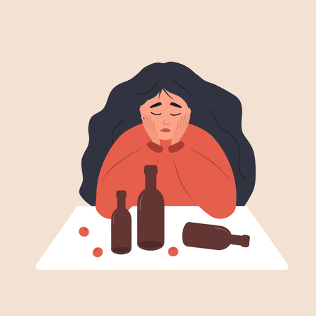 Menina triste sentada à mesa e bebendo vinho  Ilustração