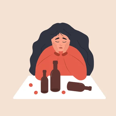 Menina triste sentada à mesa e bebendo vinho  Ilustração