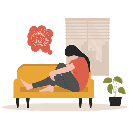 Menina triste sentada no sofá  Ilustração