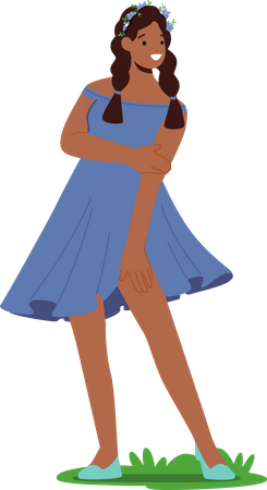 Menina Usando Uma Coroa De Flores E Um Vestido Azul  Ilustração