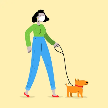 Menina usando máscara e andando com cachorro  Ilustração