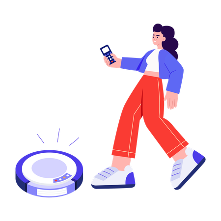 Menina usando robô aspirador de pó  Ilustração